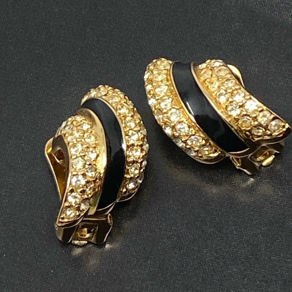 Christian DIOR Vintage earrings with crystals and black enamel - Picture 3 of 15